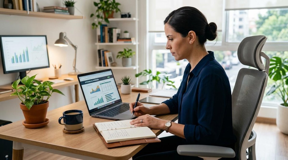 Plazos fijos vs cuentas de rendimiento para pymes: diferencias clave para elegir bien 2 Persona escribiendo en un cuaderno frente a una laptop con gráficos en un escritorio iluminado