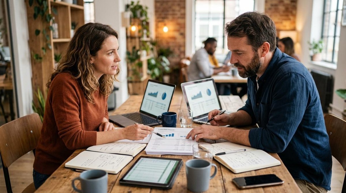 Plazos fijos vs cuentas de rendimiento para pymes: diferencias clave para elegir bien 3 Dos personas revisan documentos y gráficos en una mesa de oficina con portátiles y tabletas