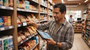 Propietario de un negocio en México ajustando etiquetas de precio en productos de una tienda moderna mientras observa datos de ventas en una tablet