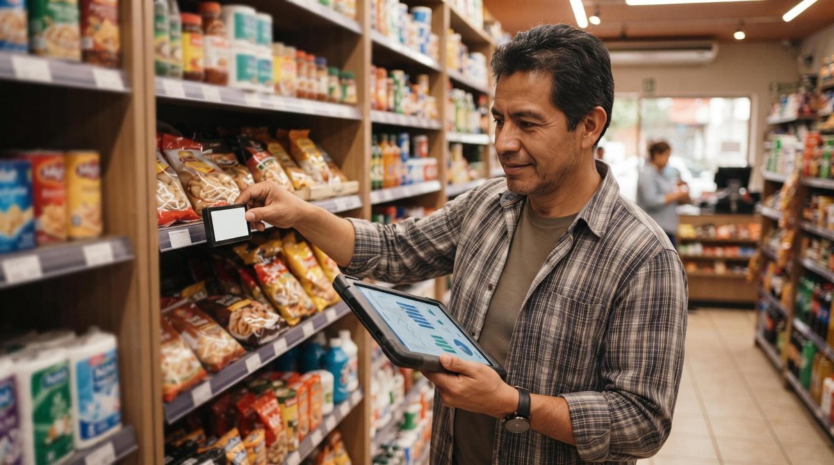 Propietario de un negocio en México ajustando etiquetas de precio en productos de una tienda moderna mientras observa datos de ventas en una tablet