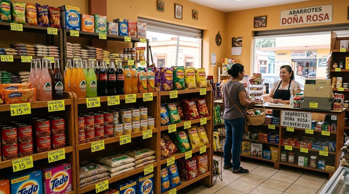Pequeña tienda mexicana con estanterías organizadas donde se aprecian productos con precios visibles y un ambiente comercial acogedor