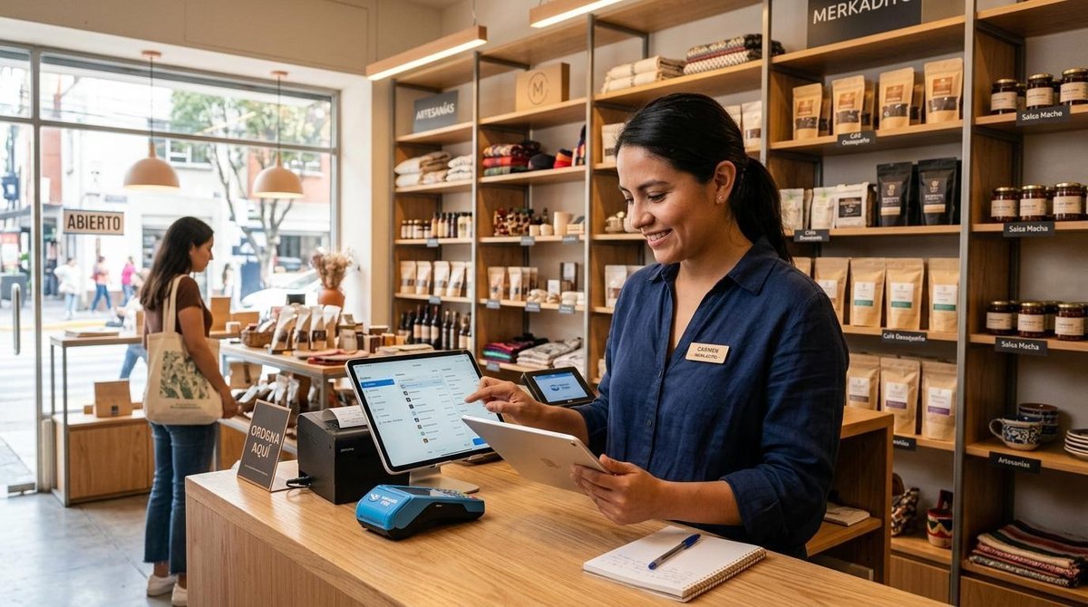 Pequeño empresario mexicano gestionando pedidos desde una tableta en el mostrador de su tienda moderna mientras supervisa el inventario en estantes or