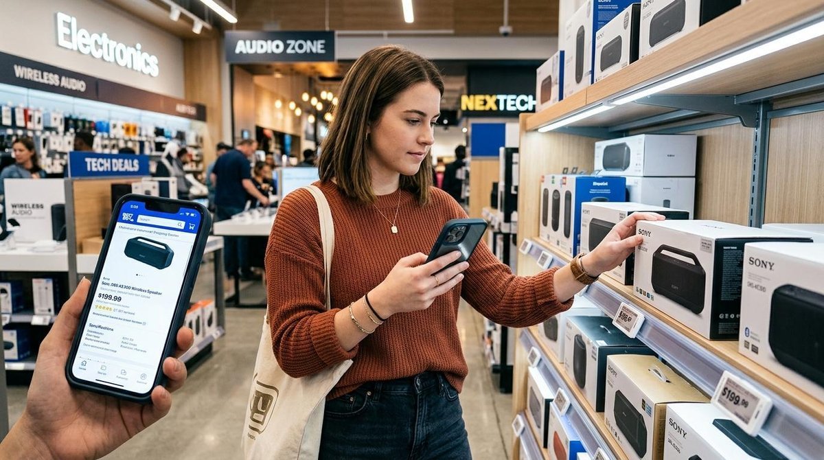 Qué es omnicanalidad y por qué tu negocio la necesita para vender más 2 Cliente joven en una tienda física moderna consultando productos en su smartphone mientras observa el mismo artículo en un estante bien iluminado, mos