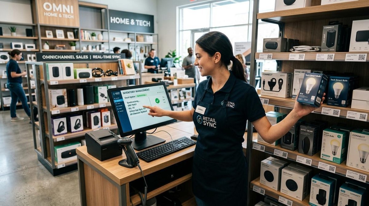 Qué es omnicanalidad y por qué tu negocio la necesita para vender más 3 Empleado de tienda actualizando el sistema de punto de venta en una computadora mientras organiza productos en estantes modernos, representando la sin