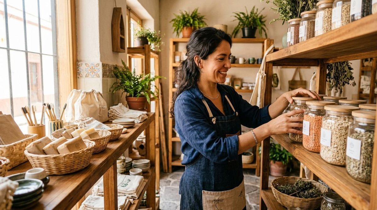 Persona con delantal organizando frascos de vidrio en estanterías de madera dentro de una tienda luminosa