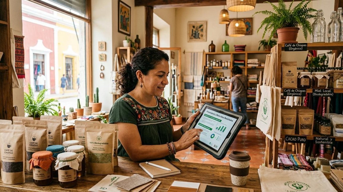 Qué es un negocio sostenible y cómo serlo: guía para transformar tu emprendimiento 2 Persona sonriente usando una tablet sobre un mostrador con productos artesanales y plantas en el fondo