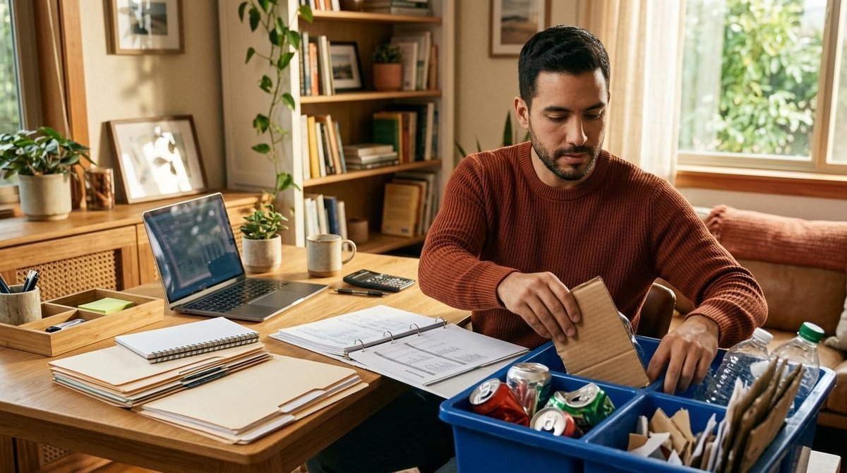 Qué es un negocio sostenible y cómo serlo: guía para transformar tu emprendimiento 3 Persona separando residuos reciclables en una cesta azul sobre una mesa de trabajo con portátil y documentos