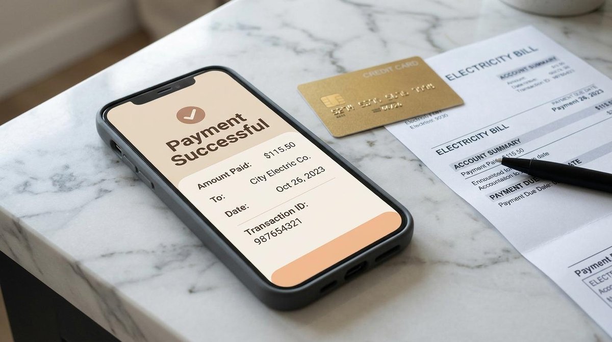Celular mostrando pago existoso de servicios con tarjeta de crédito.