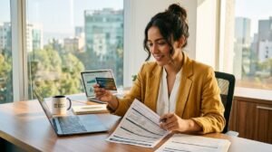 Mujer que revisa los requisitos para sacar una tarjeta de crédito sin historial.