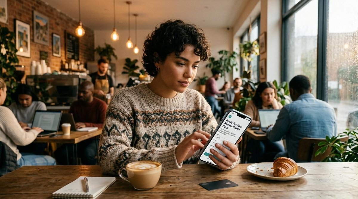 Mujer que solicita una tarjeta de crédito de forma digital.