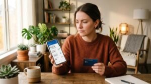 Mujer que evalúa las ventajas y desventajas de tener tarjeta de crédito.
