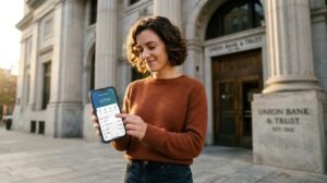 Persona mostrando en su celular billetera virtual a la salida de un banco tradicional