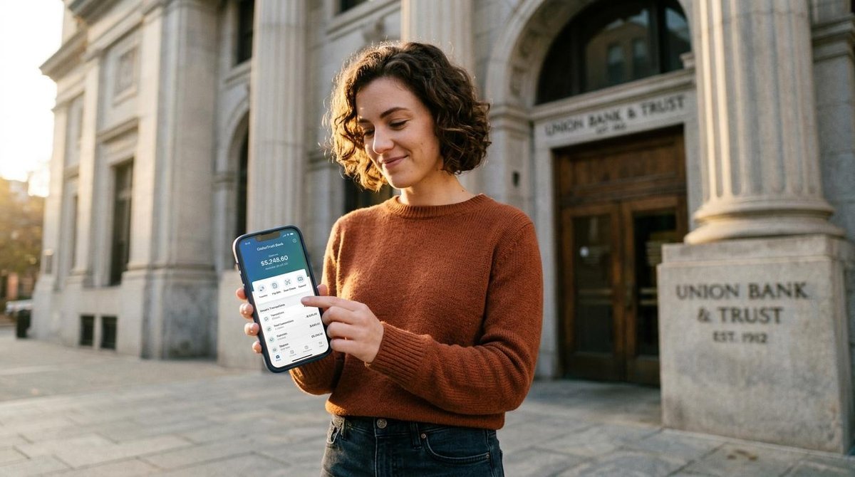 Persona mostrando en su celular billetera virtual a la salida de un banco tradicional