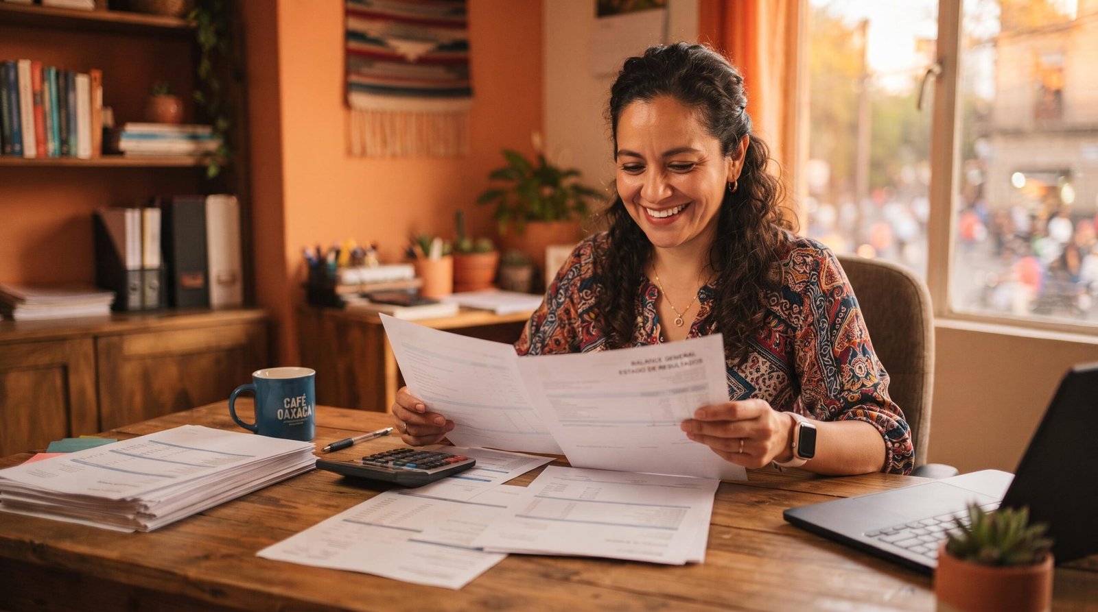 Open finance para empresas: qué aprovechar de las finanzas abiertas en México 3 Dueña de una pyme en México sonriendo mientras revisa documentos financieros en su escritorio de trabajo, con una taza de café y cálidos tonos naranja