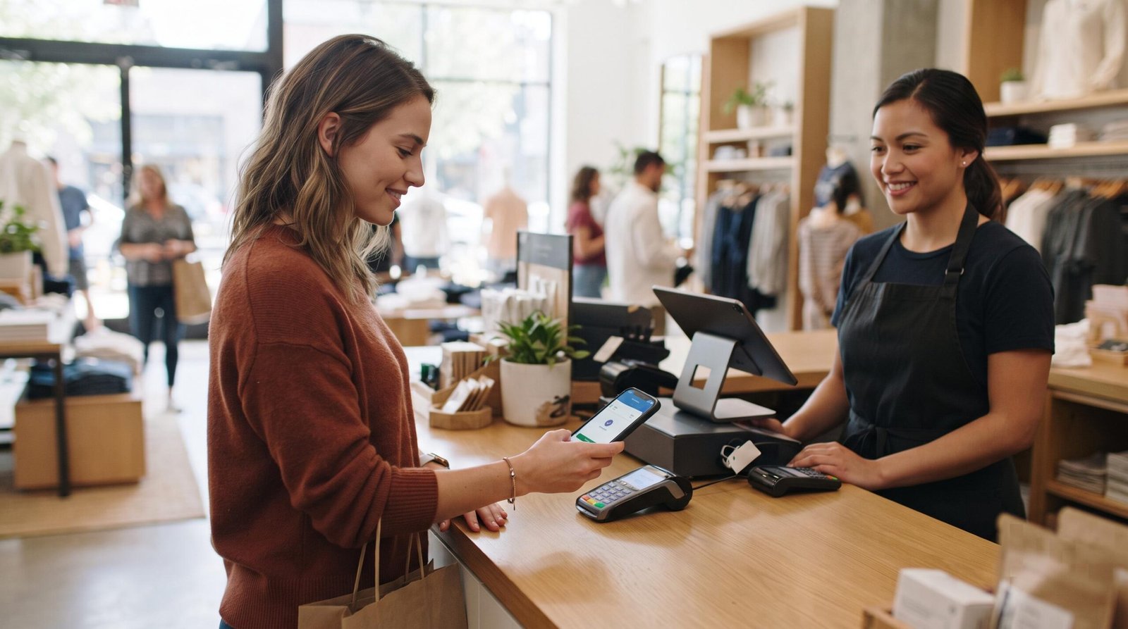Una persona realizando un pago digital con su teléfono en la caja de una tienda moderna, verificando en la pantalla que el descuento se aplica correctamente
