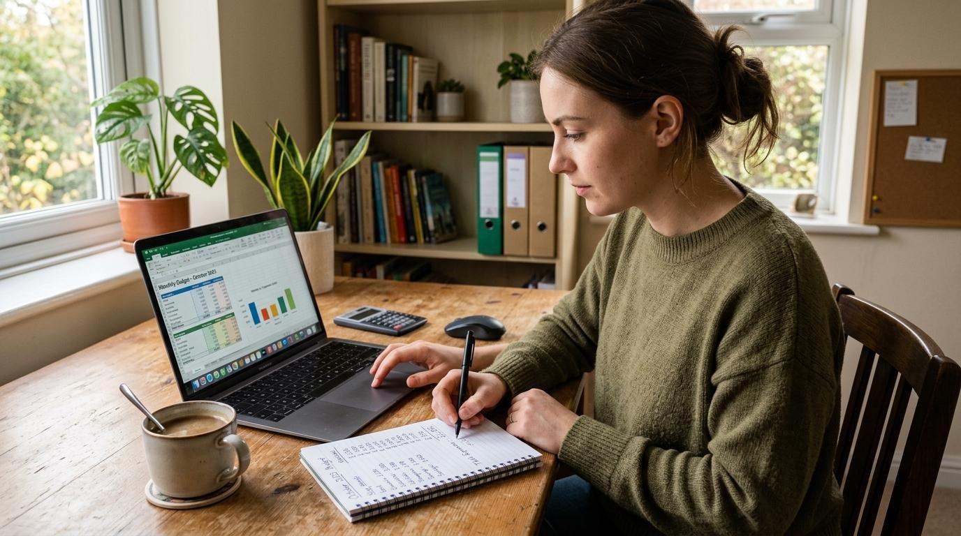 Una persona anota cifras en una libreta mientras revisa su presupuesto mensual en una laptop, con una taza de café junto a ella, ambiente de planeación
