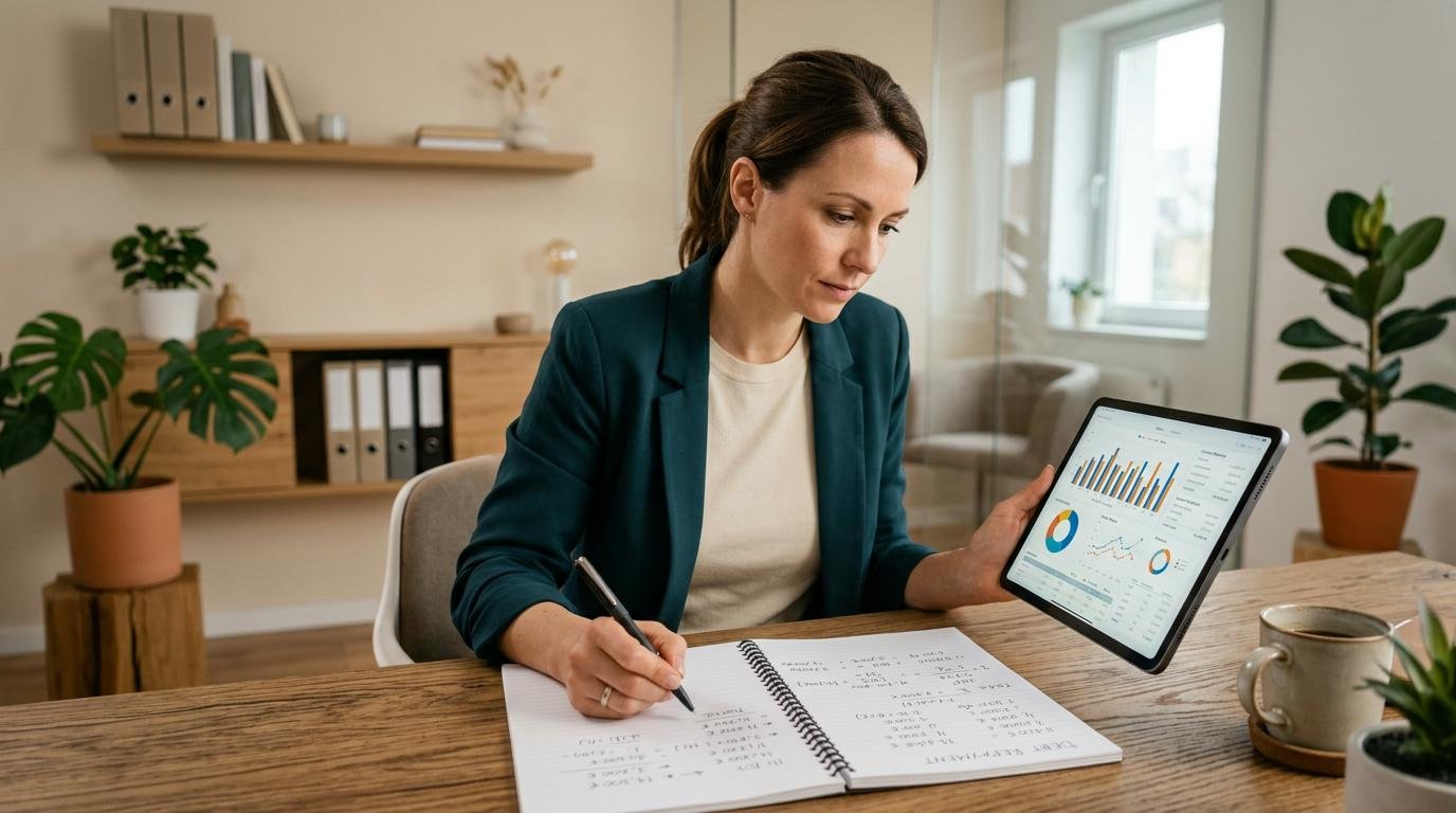 Cómo consolidar las deudas de tu pyme para crecer con finanzas más ordenadas 3 Propietario de una pyme analizando un estado de cuenta con gráficas y cifras en una tablet, sosteniendo un bolígrafo sobre un cuaderno con cálculos