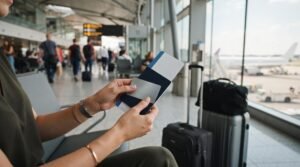 Primer plano de manos sosteniendo un smartphone mostrando una pantalla de resumen de puntos y recompensas, con una tarjeta de crédito moderna
