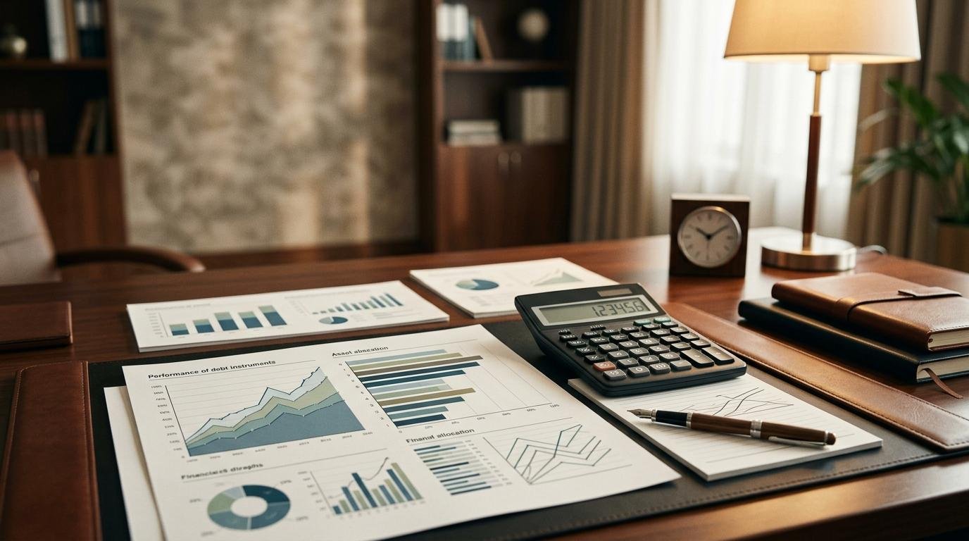 Primer plano de documentos financieros sobre un escritorio de oficina ejecutiva, con gráficas de rendimiento de instrumentos de deuda y una calculador 