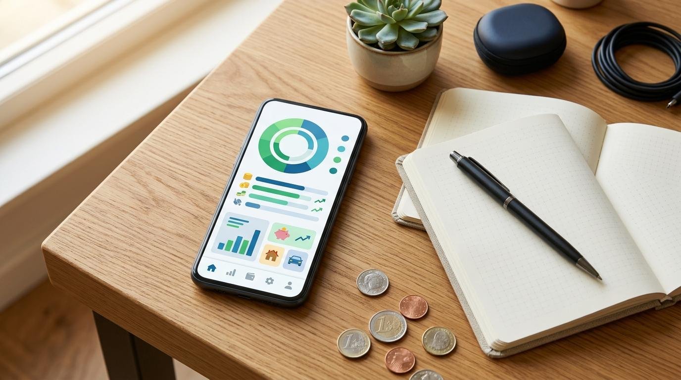 Vista superior de un teléfono móvil sobre un escritorio organizado con libreta, bolígrafo y monedas, mostrando una pantalla de aplicación con secciones
