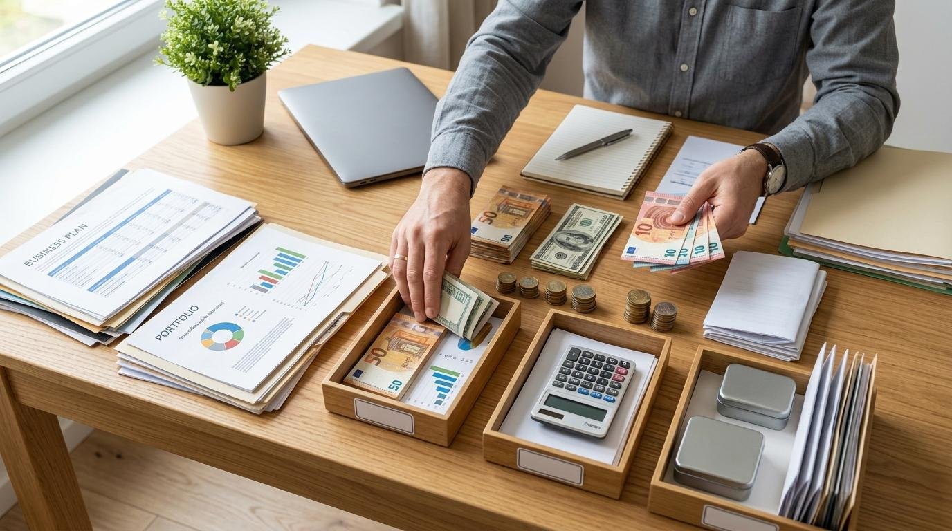 Manos de una persona emprendedora organizando diferentes documentos financieros y billetes sobre una mesa de trabajo limpia