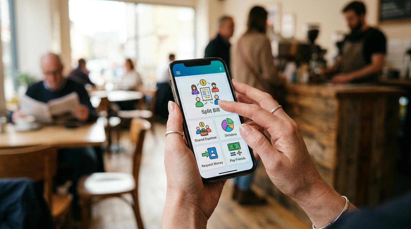 Primer plano de manos sosteniendo un smartphone sobre fondo desenfocado de una cafetería, la pantalla muestra una aplicación de finanzas
