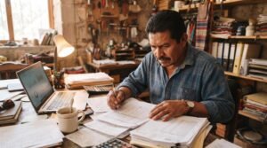 Un dueño de pequeña empresa mexicana analiza documentos financieros sobre su escritorio con expresión concentrada, rodeado de papeles y una laptop