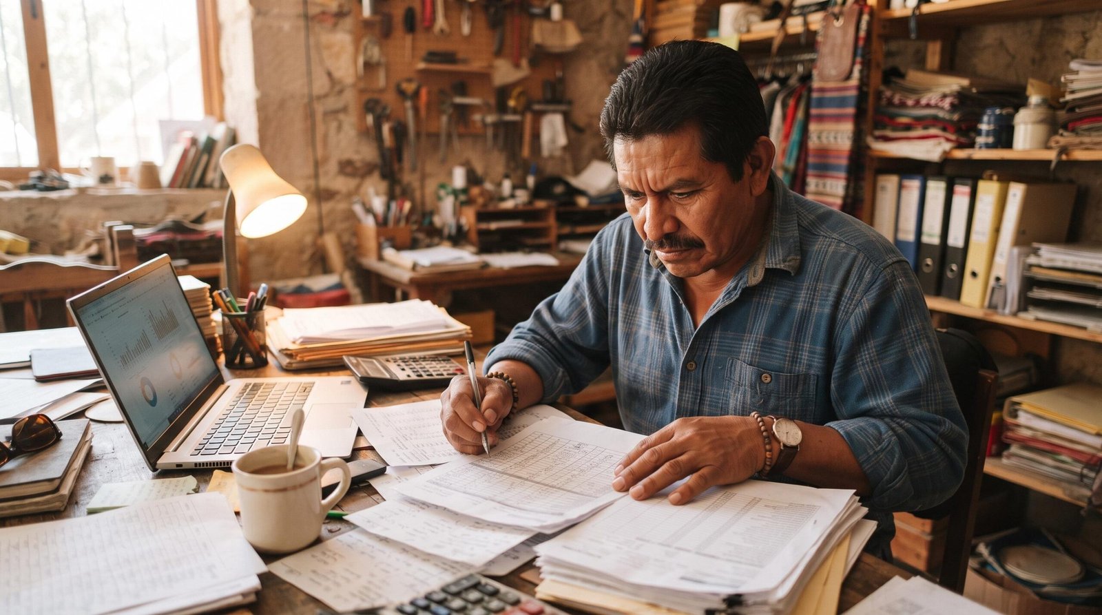 Un dueño de pequeña empresa mexicana analiza documentos financieros sobre su escritorio con expresión concentrada, rodeado de papeles y una laptop