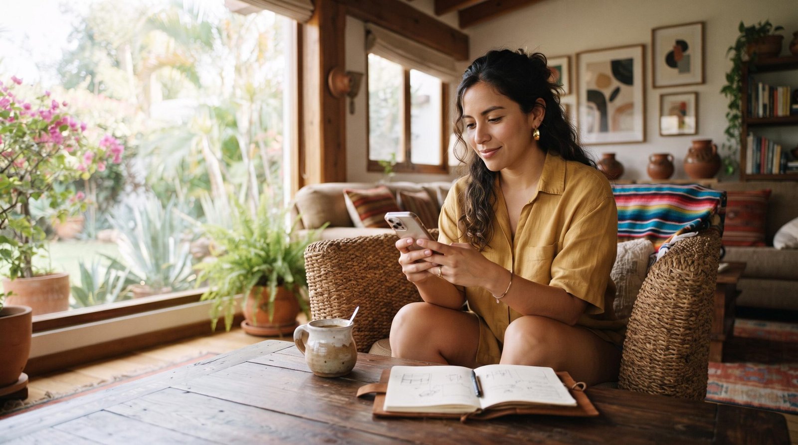 Cuenta con rendimiento en Mercado Pago: ¿vale la pena si quieres hacer crecer tu dinero? 3 Una persona sentada en su sala revisando su teléfono móvil con una libreta de notas y una taza de café sobre la mesa, en un ambiente hogareño mexicano
