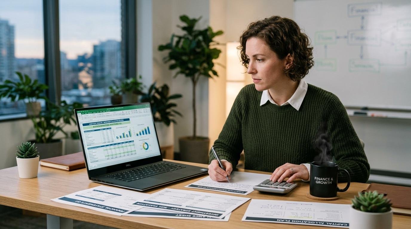 Persona calculando y analizando estados financieros frente a una laptop en un escritorio ordenado con café y documentos