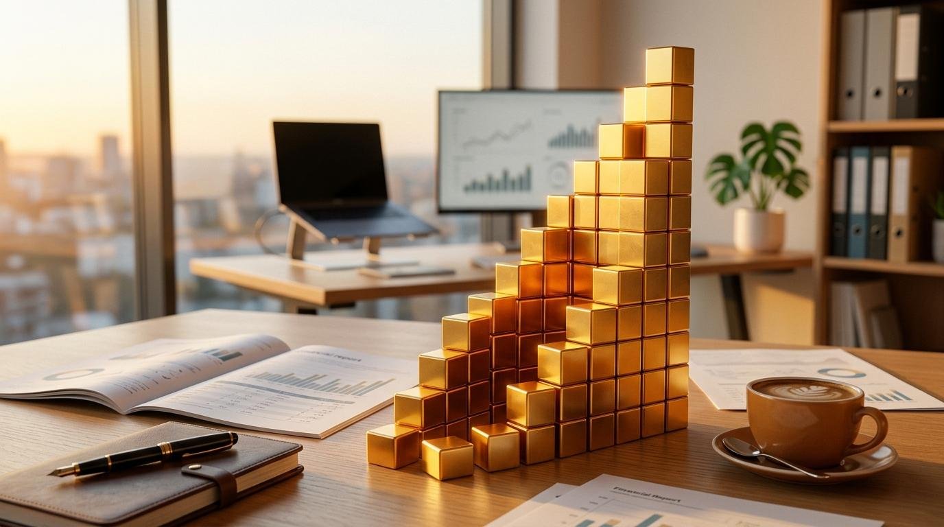 Representación visual de un fondo de inversión con bloques dorados que se apilan formando una estructura creciente sobre un escritorio ordenado
