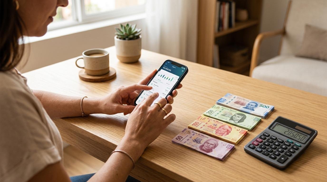 Cuenta con rendimiento en Mercado Pago: ¿vale la pena si quieres hacer crecer tu dinero? 2 Primer plano de manos utilizando un teléfono móvil sobre un escritorio minimalista, con una calculadora y billetes mexicanos dispuestos ordenadamente