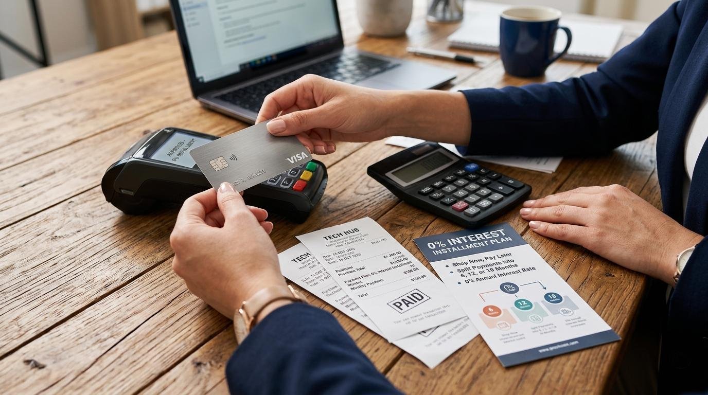 Manos sosteniendo una tarjeta de crédito sobre una superficie de madera con recibos y una calculadora, representando el esquema de pagos a plazos sin interés