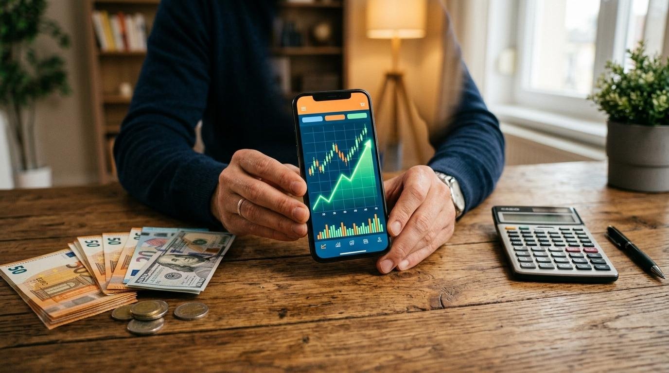 Manos sosteniendo un teléfono móvil mostrando una pantalla de aplicación financiera con gráficos de crecimiento ascendente proyectados sobre un escritorio
