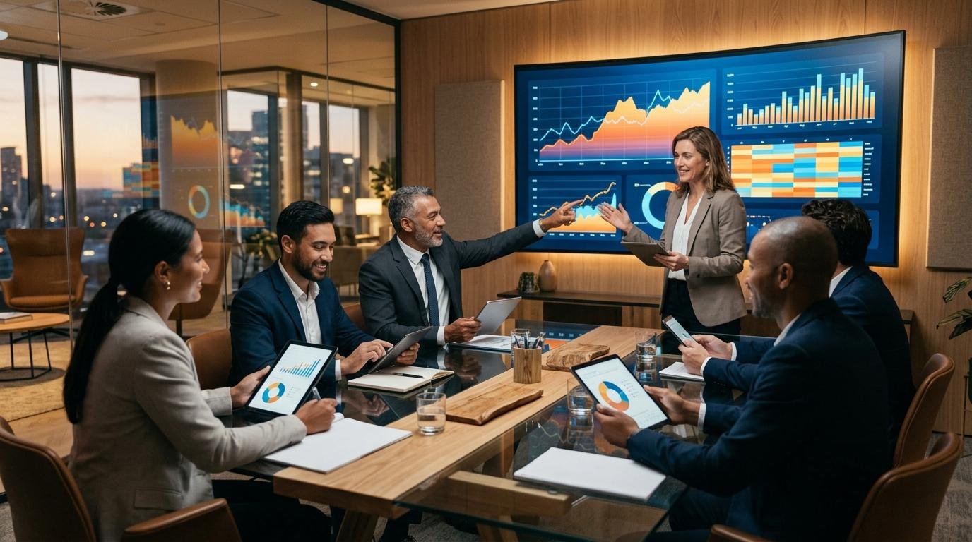 Equipo de directivos en una sala de juntas contemporánea revisando estrategias de tesorería en tabletas y pantallas digitales, con gráficos financieros 