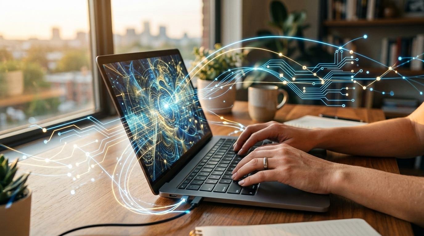 Open finance para empresas: qué aprovechar de las finanzas abiertas en México 2 Manos de un profesional tecleando en un laptop con elementos visuales de conexión de redes en el entorno, con luz cálida natural entrando por una ventana