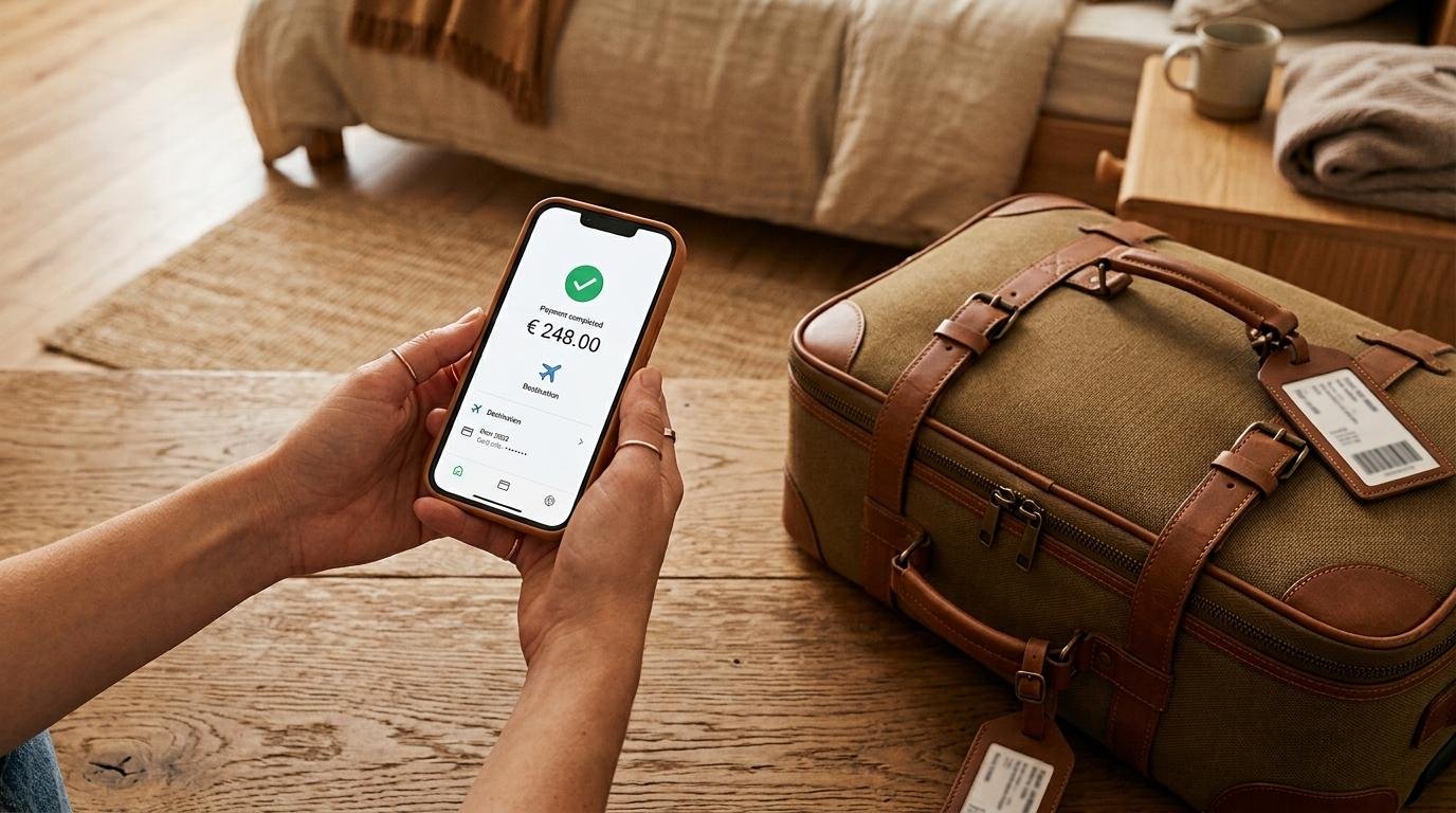 Manos sosteniendo un smartphone mostrando una pantalla de app de pagos digitales junto a una maleta de viaje lista, tonos cálidos, composición minimal
