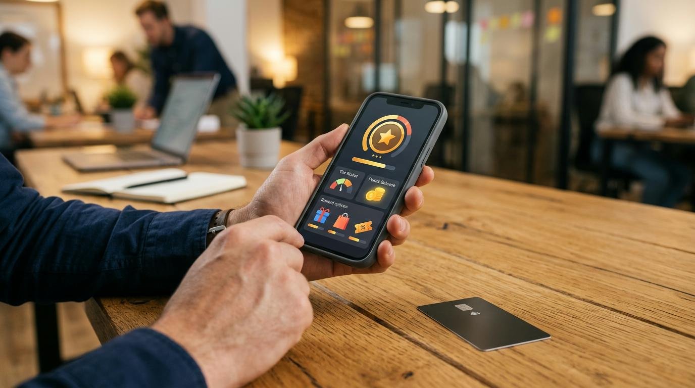 Cómo aprovechar los beneficios de tu tarjeta al viajar: guía con tips que pocos aplican 3 Primer plano de manos sosteniendo un smartphone mostrando una pantalla de resumen de puntos y recompensas, con una tarjeta de crédito moderna