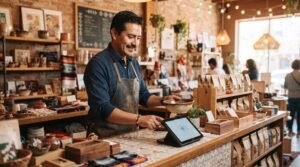 Un vendedor mexicano en su pequeño negocio utilizando una terminal de pagos digitales mientras organiza productos en su mostrador, con iluminación cálidos