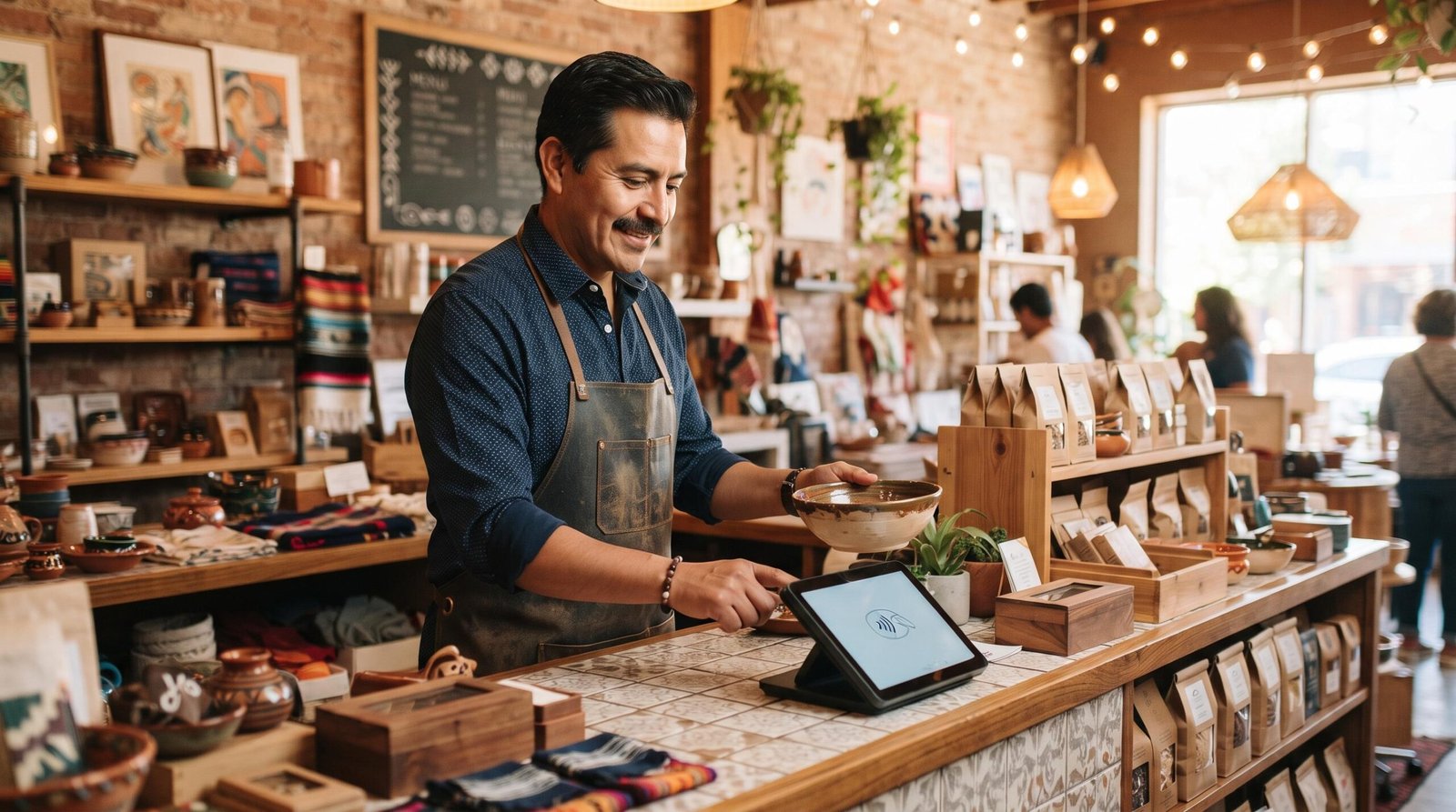 Un vendedor mexicano en su pequeño negocio utilizando una terminal de pagos digitales mientras organiza productos en su mostrador, con iluminación cálidos