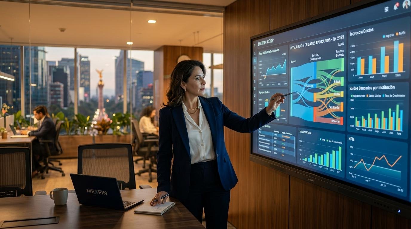 Director de empresa mexicana revisando un panel de control con gráficos de datos financieros interconectados en una oficina moderna con tonos cálidos