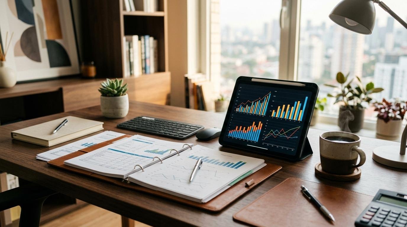 Escritorio organizado con documentos financieros, una tablet mostrando gráficos de rendimiento y una taza de café, ambiente de planificación financieria 