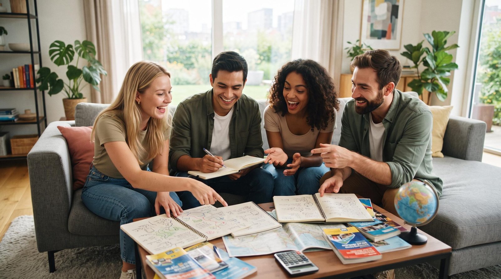 Cuatro amigos sentados en el sofá de una sala moderna y luminosa, con libretas y una calculadora sobre la mesa de centro, planificando un viaje juntos

