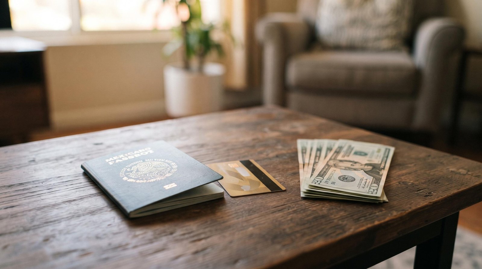 Tarjeta vs efectivo para viajar al extranjero: cómo elegir según tu destino y estilo de viaje 2 Una mesa de café con un pasaporte mexicano, una tarjeta de crédito y billetes de dólares organizados de manera ordenada, simulando la preparación