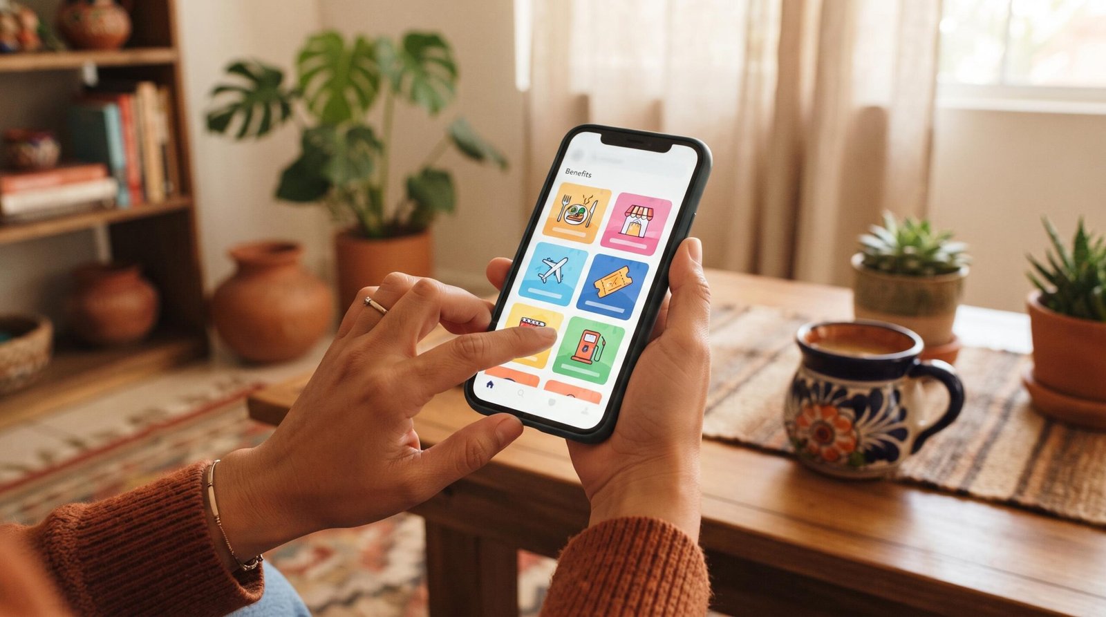 Primer plano de manos sosteniendo un teléfono móvil en un ambiente hogareño mexicano contemporáneo, navegando por la sección de beneficios y promociones
