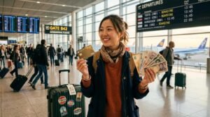 Una persona en un aeropuerto internacional sosteniendo una tarjeta de crédito en una mano y billetes de moneda extranjera en la otra, con una maleta