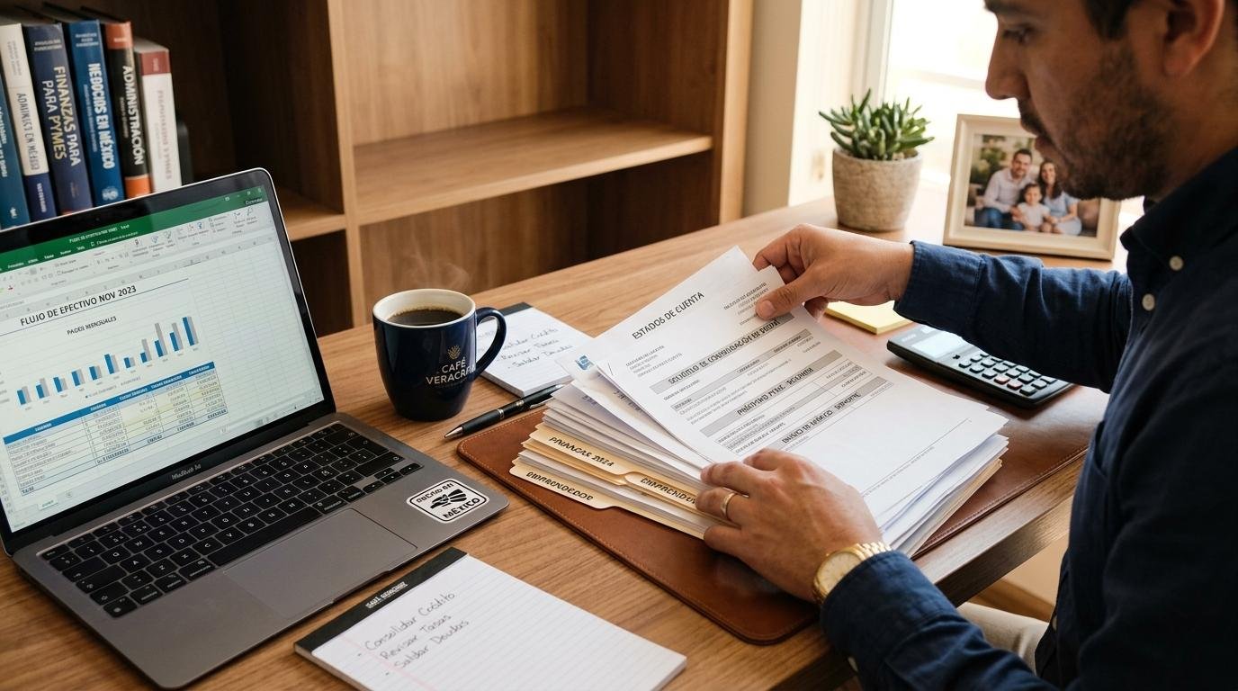 Cómo consolidar las deudas de tu pyme para crecer con finanzas más ordenadas 2 Manos de un emprendedor mexicano unificando documentos de crédito y préstamos sobre una mesa de trabajo limpia, junto a una laptop abierta y una taza de café