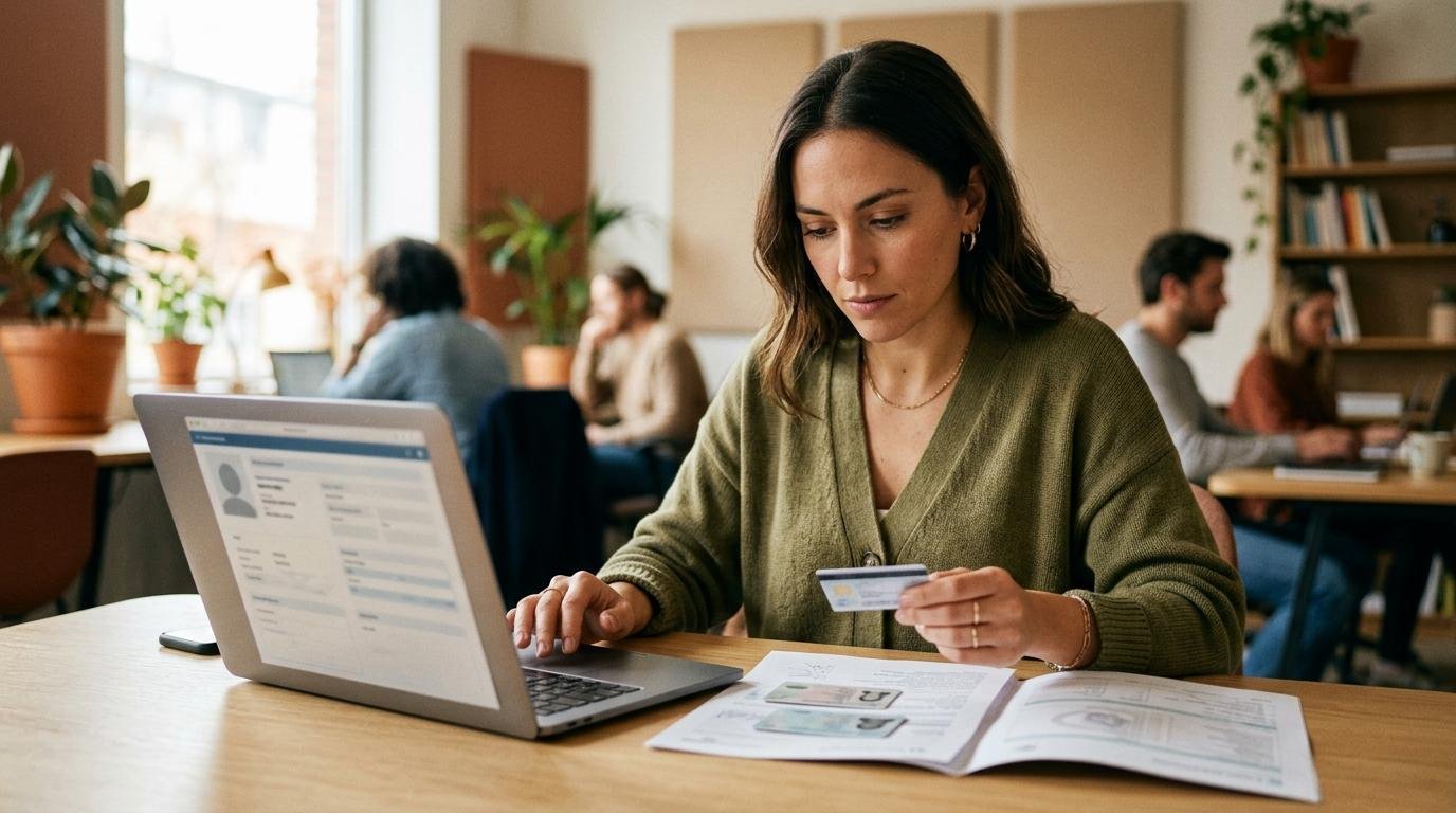  Mujer revisando documentos de identidad junto a su computadora portátil en un entorno de trabajo moderno y cálido
