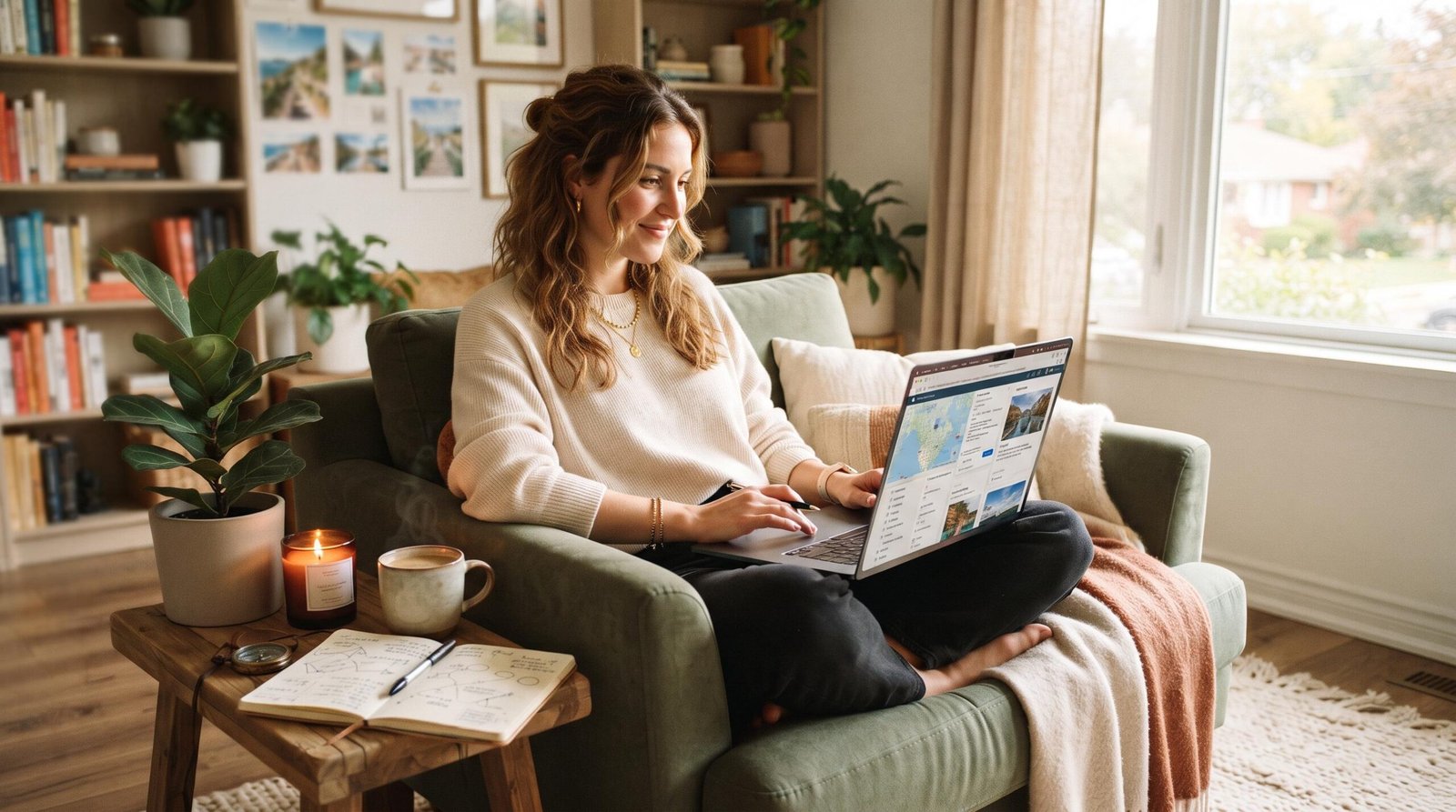 Persona sentada en un sillón cómodo planificando un viaje en su laptop con notas de presupuesto y una taza de café, ambiente hogareño moderno con luz
